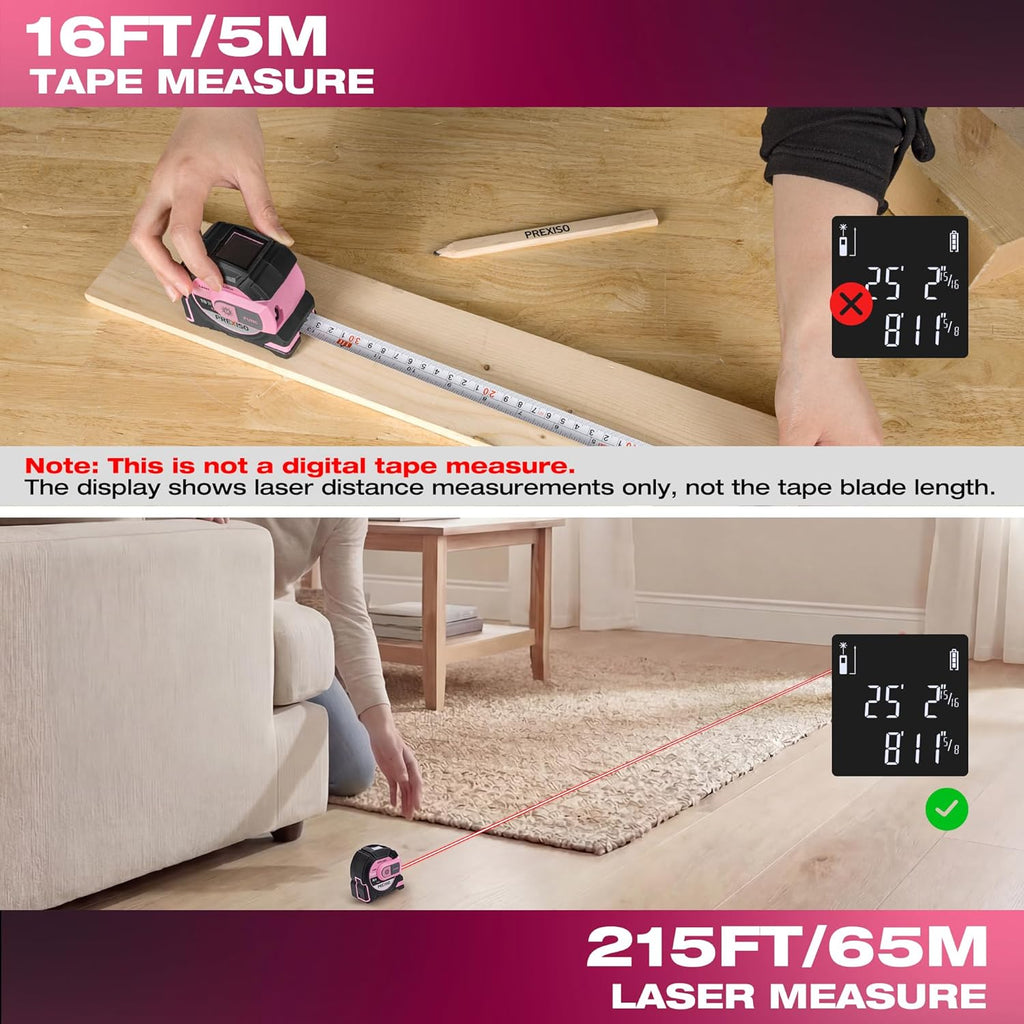 2-in-1 Laser Tape Measure- 215Ft Laser Measuring Tool & 16Ft Measuring Tape with Auto Lock & Magnetic Hook - Laser