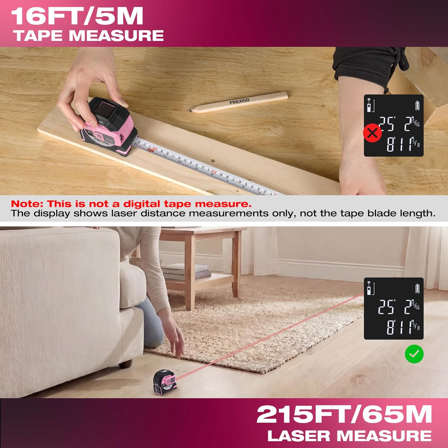 2-in-1 Laser Tape Measure- 215Ft Laser Measuring Tool & 16Ft Measuring Tape with Auto Lock & Magnetic Hook - Laser