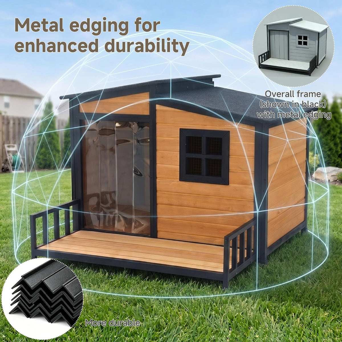 44" Anti-Chew Large Outdoor Dog House, Wooden Iron Frame for Med-Large Dogs