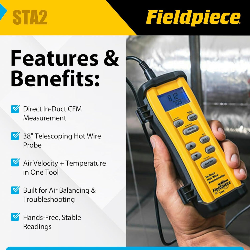 Fieldpiece STA2 in-Duct Hot Wire Anemometer for HVAC Airflow Measurement - CFM, Air Velocity & Temperature - 38" Telescoping Probe - Hands-Free Air Balancing Tool