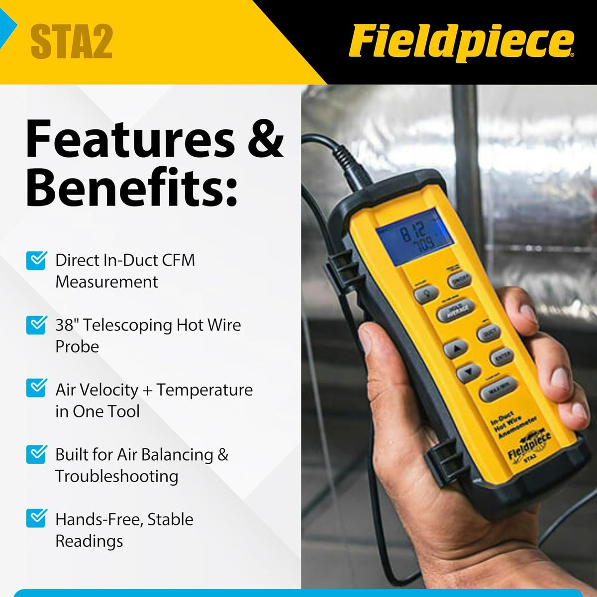 Fieldpiece STA2 in-Duct Hot Wire Anemometer for HVAC Airflow Measurement - CFM, Air Velocity & Temperature - 38" Telescoping Probe - Hands-Free Air Balancing Tool