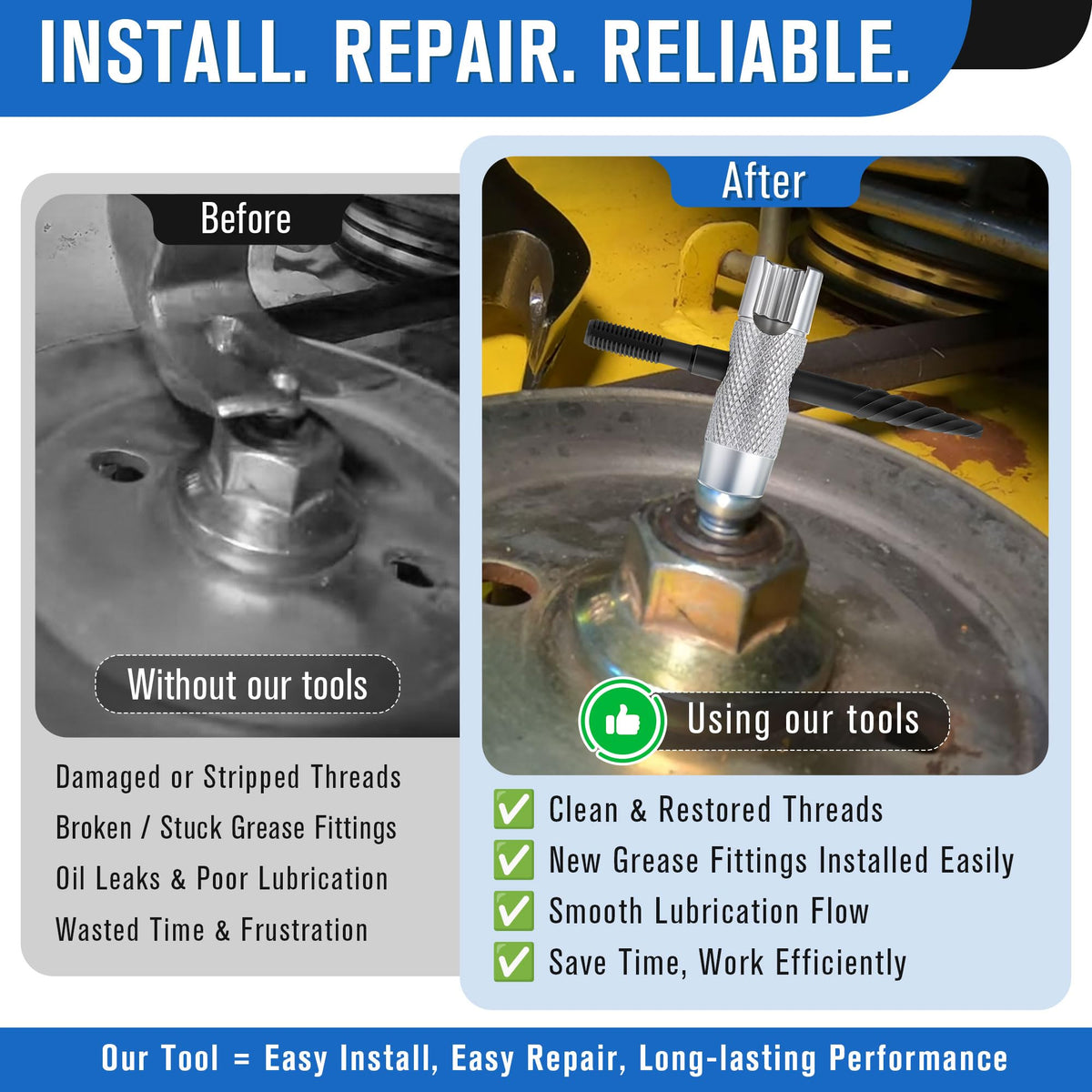 Complete Grease Fitting Replacement Kit, Grease Gun Zerk Fitting Tool