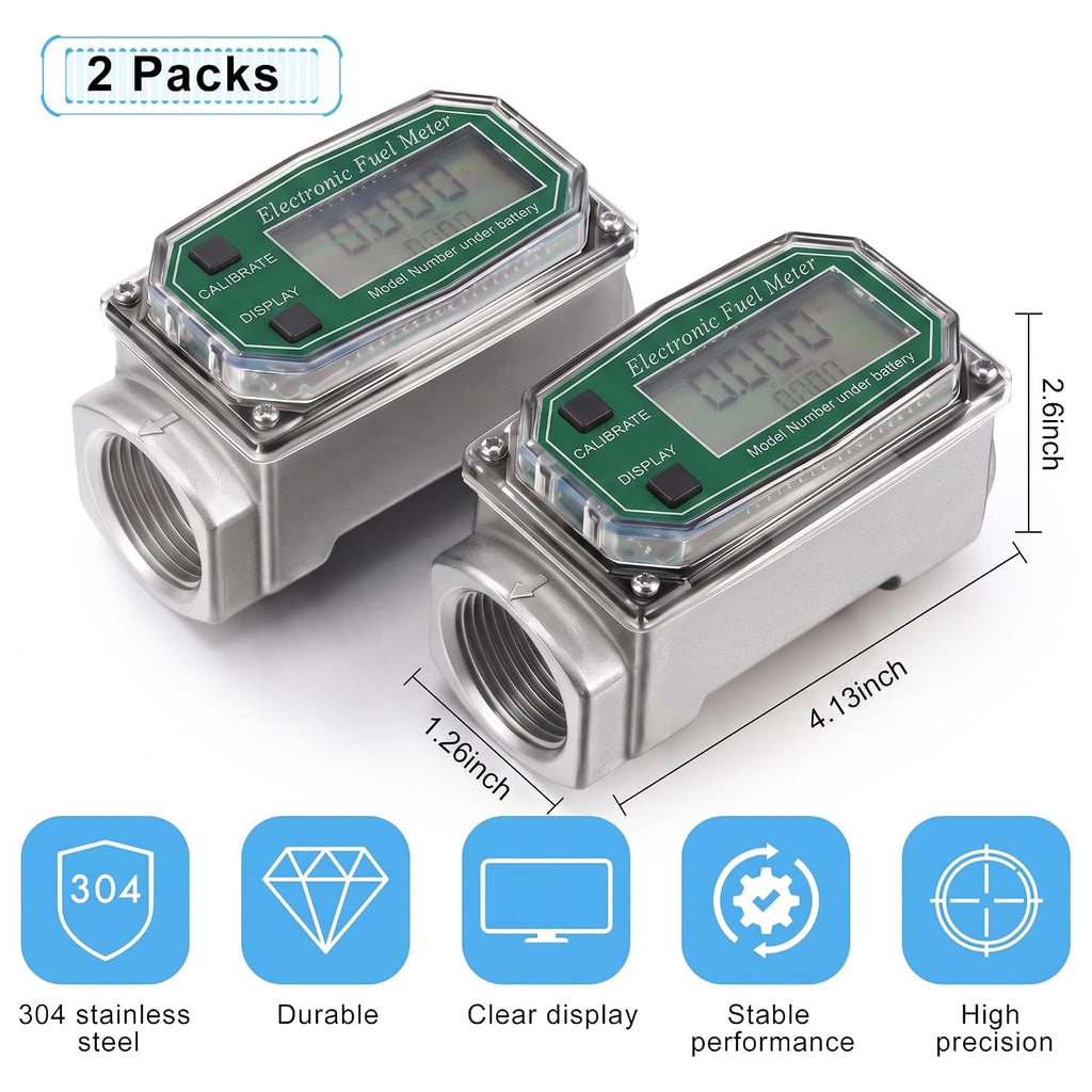 Xuhal 2 Pcs Digital Turbine Flow Meter for Fuel and Water, 1 Inch