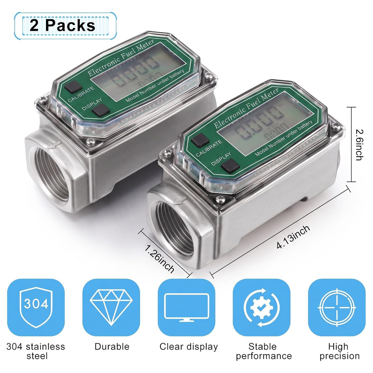Xuhal 2 Pcs Digital Turbine Flow Meter for Fuel and Water, 1 Inch