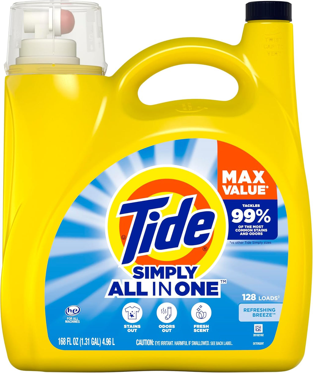 Simply All-In-One Liquid Laundry Detergent, Refreshing Breeze Scent, 128 Loads, 168 fl oz