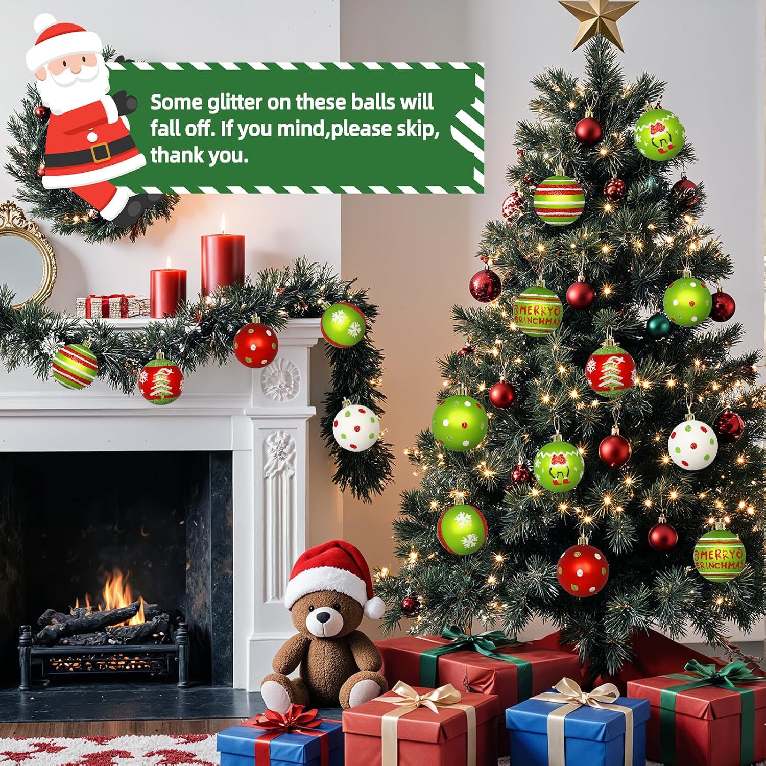 16 Christmas Tree Balls Ornaments Decoration 2.36'', Sparkly Red and Green | Pre-Strung/Shatterproof Christmas Indoor
