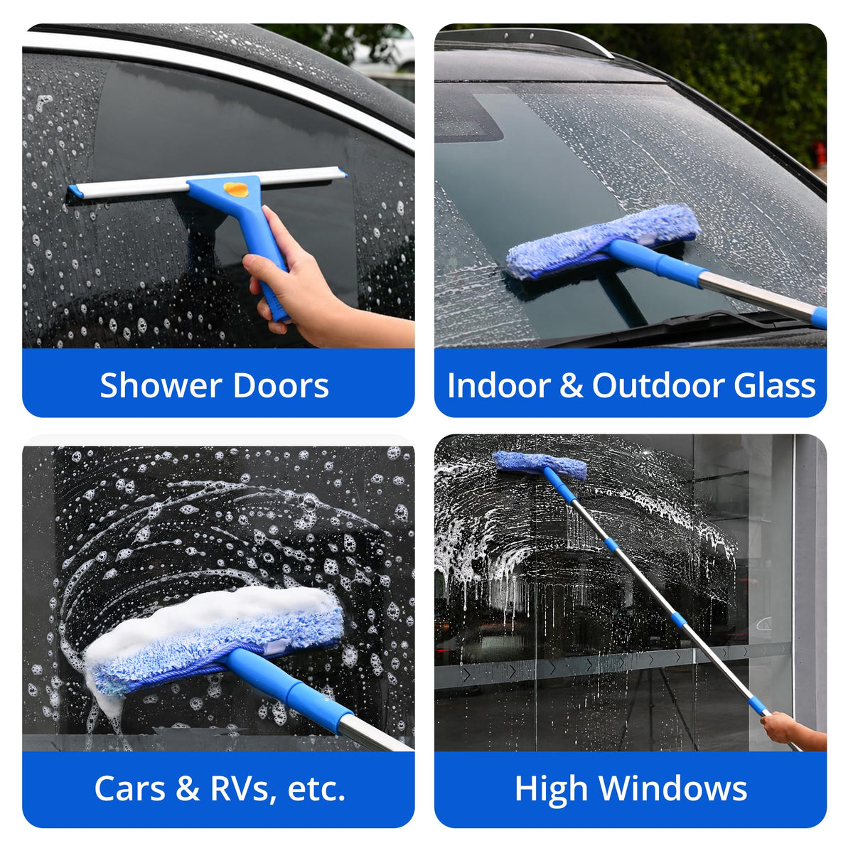 Window Cleaning Kit with Bucket, 76" Extension Pole, Squeegee & Scrubber