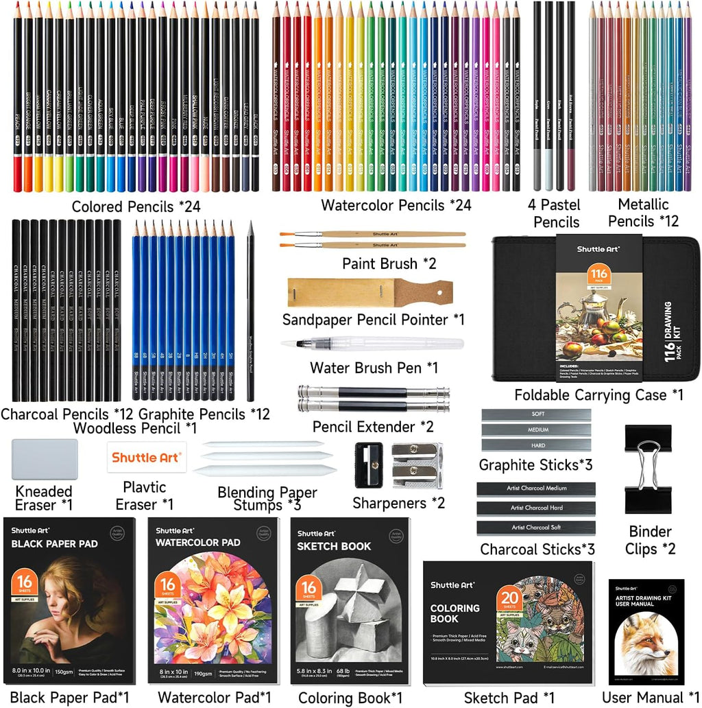 116 PCS Drawing Kit, Professional Drawing Supplies with Sketch, Charcoal, Colored, Graphite, Pastel Pencils & Sticks