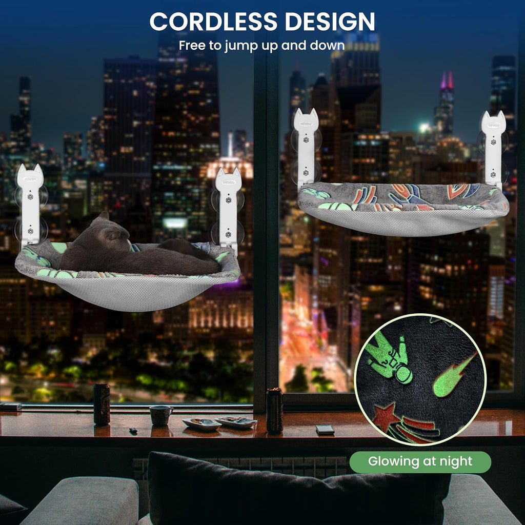 2 Pack Cat Window Perch, Glow in The Dark Foldable Cat Hammock with Sunken Design & Removable Soft Cover, Breathable