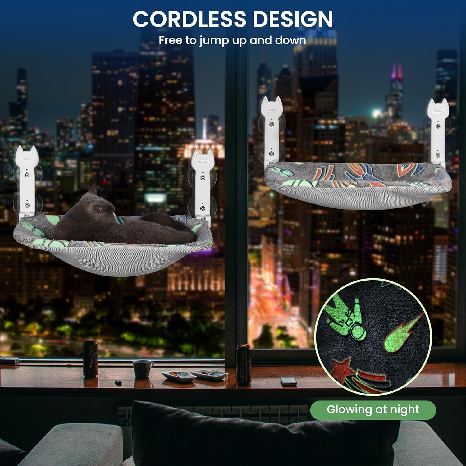 2 Pack Cat Window Perch, Glow in The Dark Foldable Cat Hammock with Sunken Design & Removable Soft Cover, Breathable