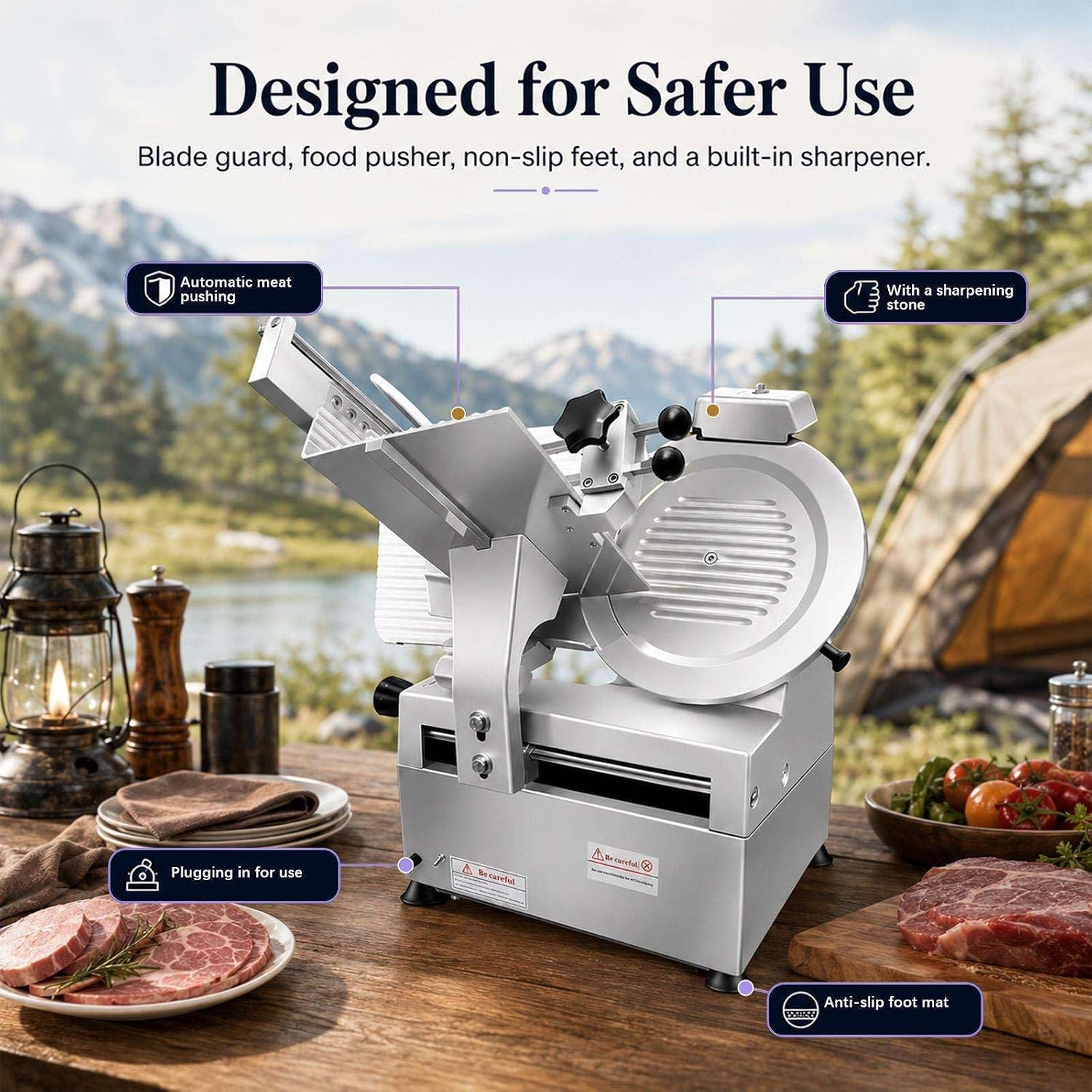 Heavy Duty Commercial Meat Slicer, 550W Automatic Machine with 10 Inch Steel Blade, Adjustable 0-0.24 Inch Thickness