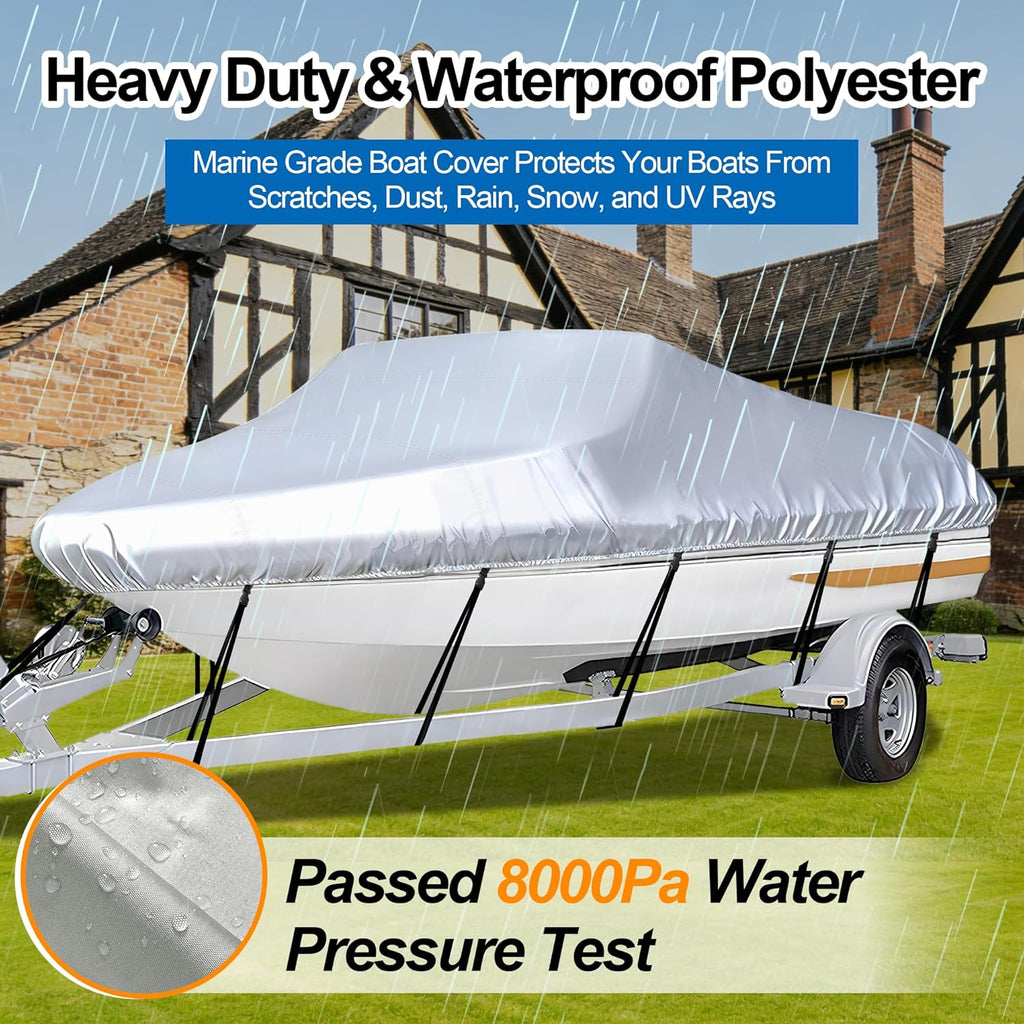 iCOVER Trailerable Boat Cover- 16'-18.5' Heavy Duty Waterproof Tarp Covers with Storage Bag, Fits V-Hull, Fish&Ski