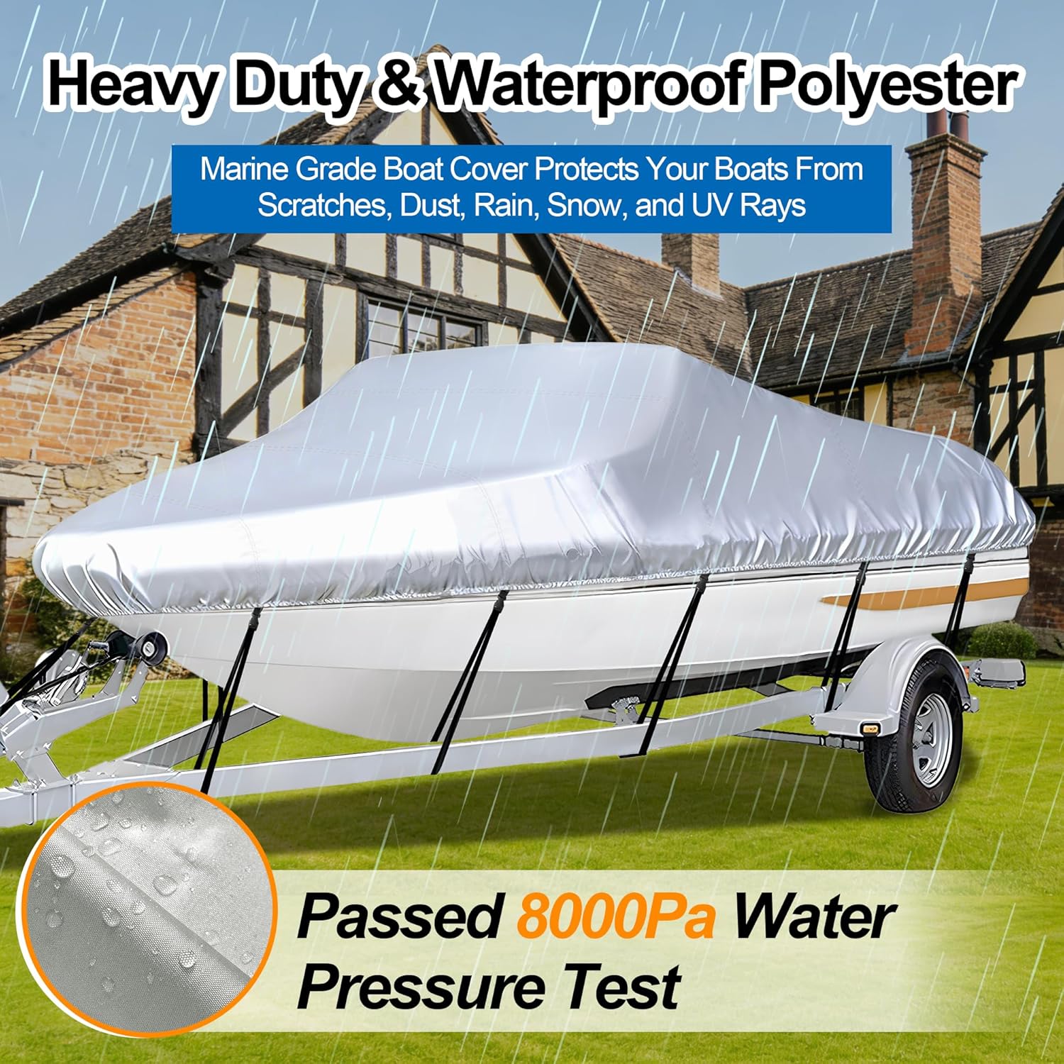 iCOVER Trailerable Boat Cover- 16'-18.5' Heavy Duty Waterproof Tarp Covers with Storage Bag, Fits V-Hull, Fish&Ski