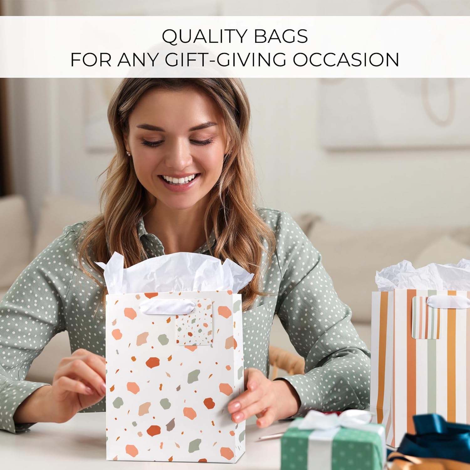 Beautiful Gift Bags Set of 4 - Medium Sized 9" Bags with Handles incl. Matching Tissue Paper, Cards & Small Stickers