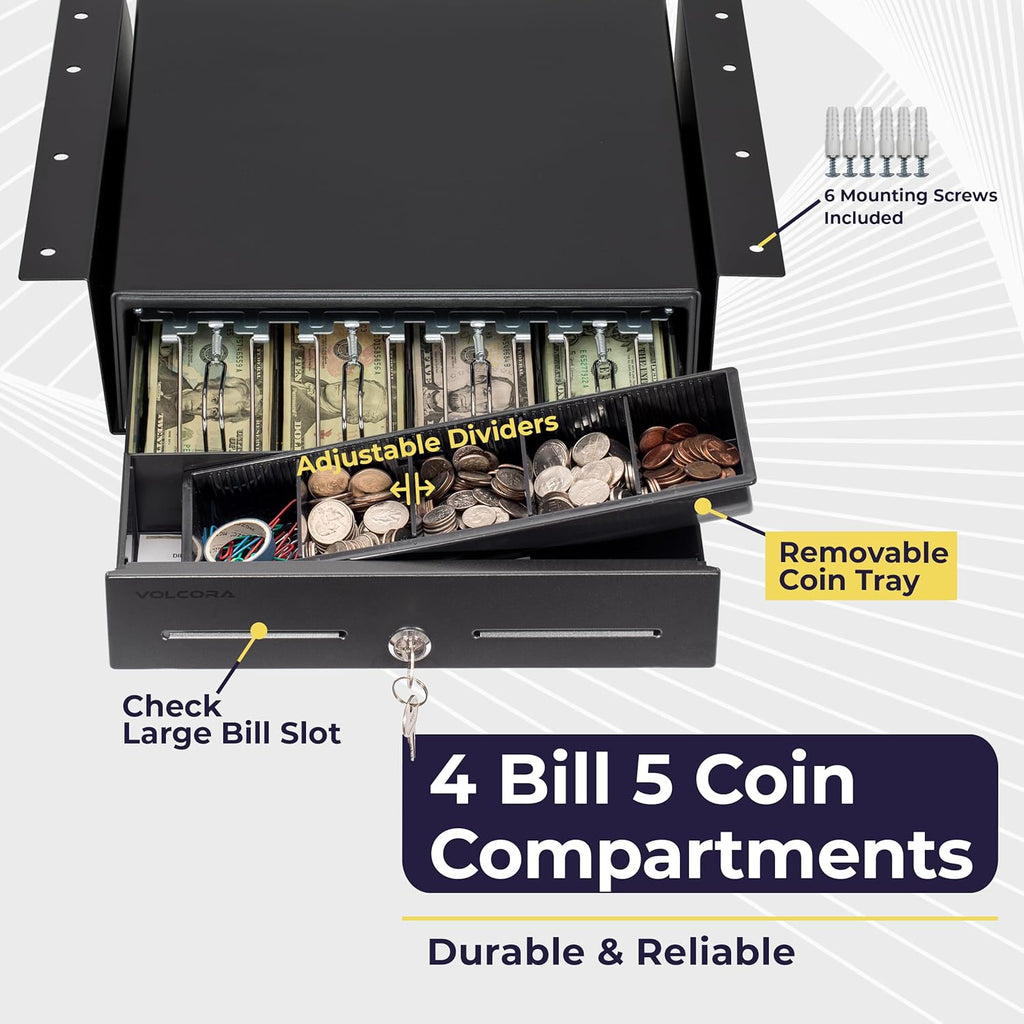 13" Electronic Cash Register Drawer with Under Counter Mounting Metal Bracket - POS, 4 Bill 5 Coin Cash Tray