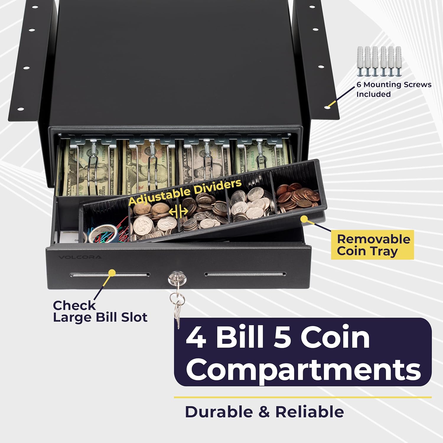 13" Electronic Cash Register Drawer with Under Counter Mounting Metal Bracket - POS, 4 Bill 5 Coin Cash Tray