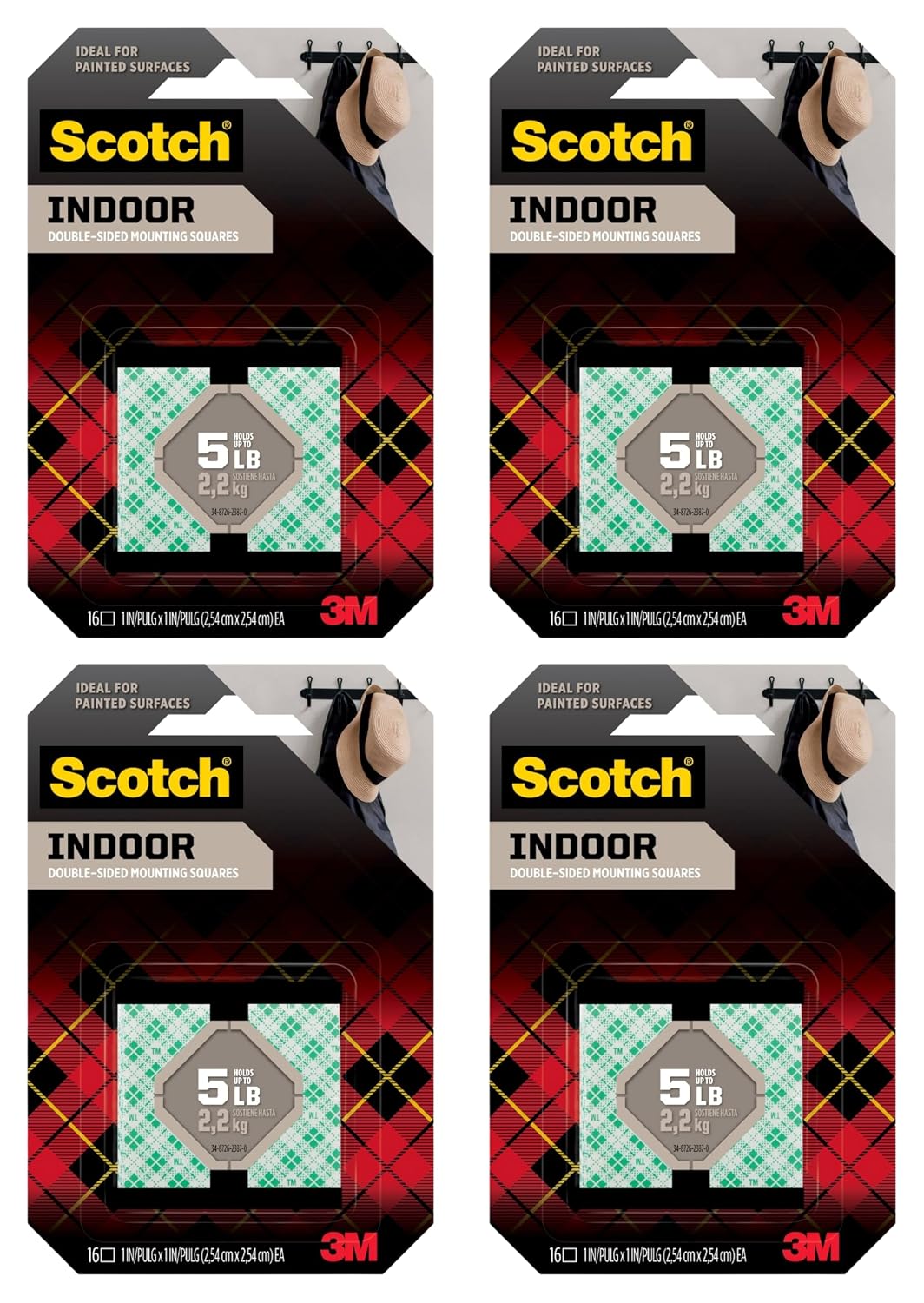 Pre-Cut Foam Mounting Squares, Heavy Duty Double-Sided Tape, 1-Inch Squares, 16 Count (Pack of 4, 64 Squares Total)