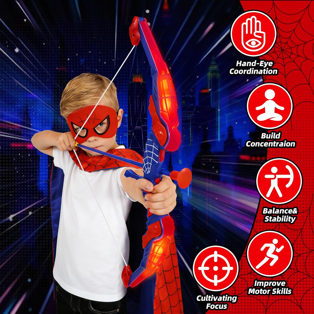 Bow and Arrow Set for Kids, Boy Girl Outdoor Indoor Shoot Game | LED Light Archery Set with Cape Eye Mask, Suction