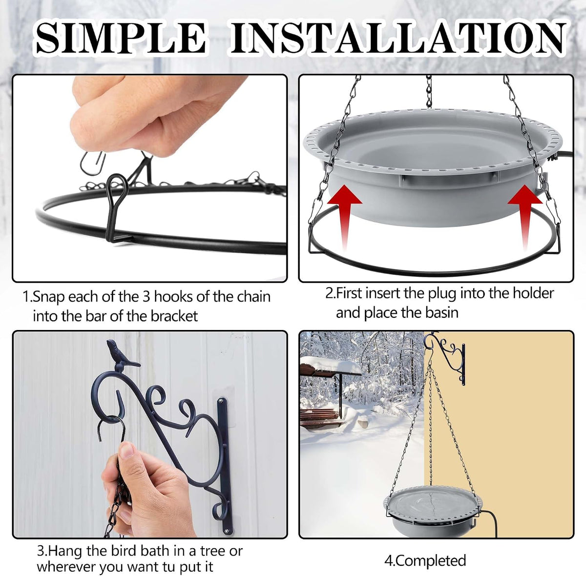 1 Set 100W Thermostatical Hanging Heated Birdbath for Winter Outdoor