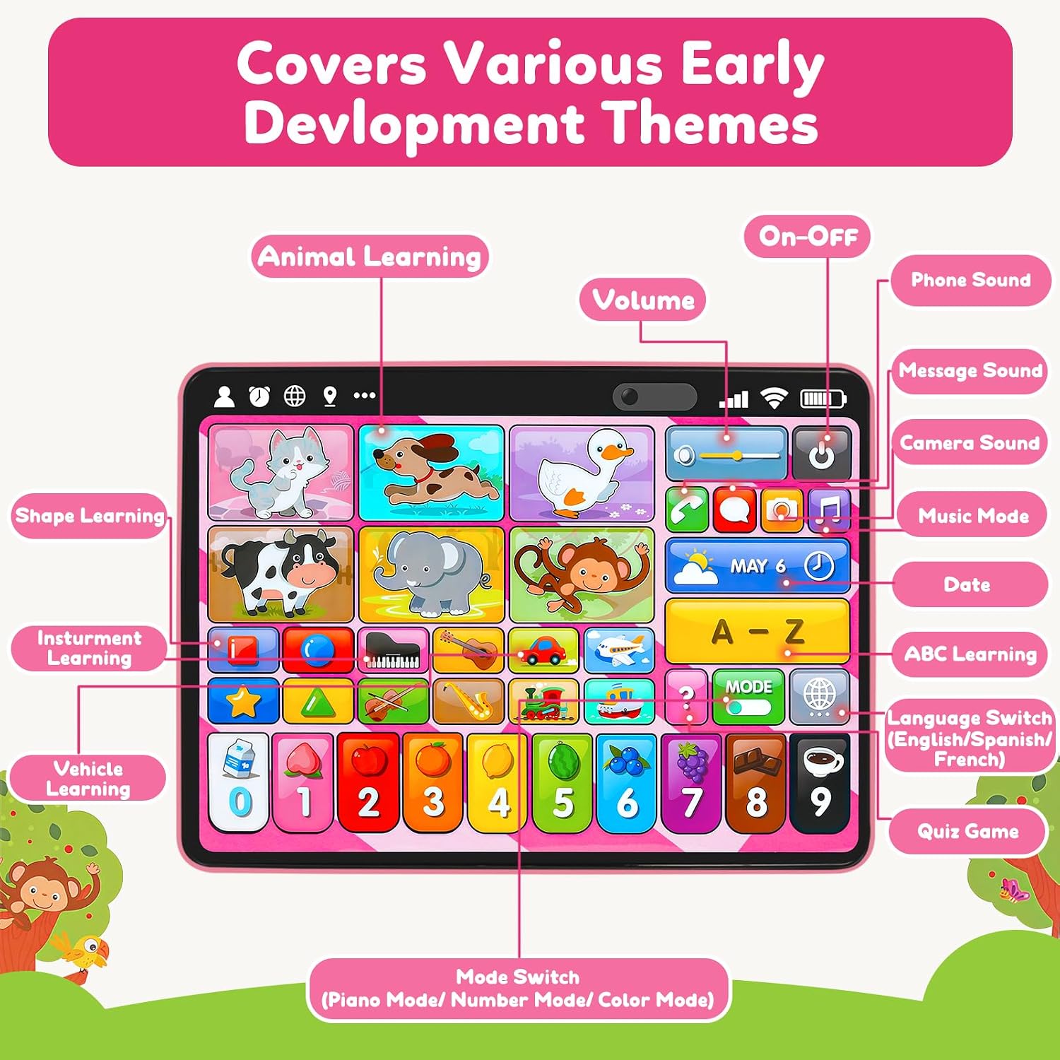 Trilingual Learning Toy Tablet with Music & Sound, Montessori Speech Therapy Toys for 1 Year Old Girl Boy Musical