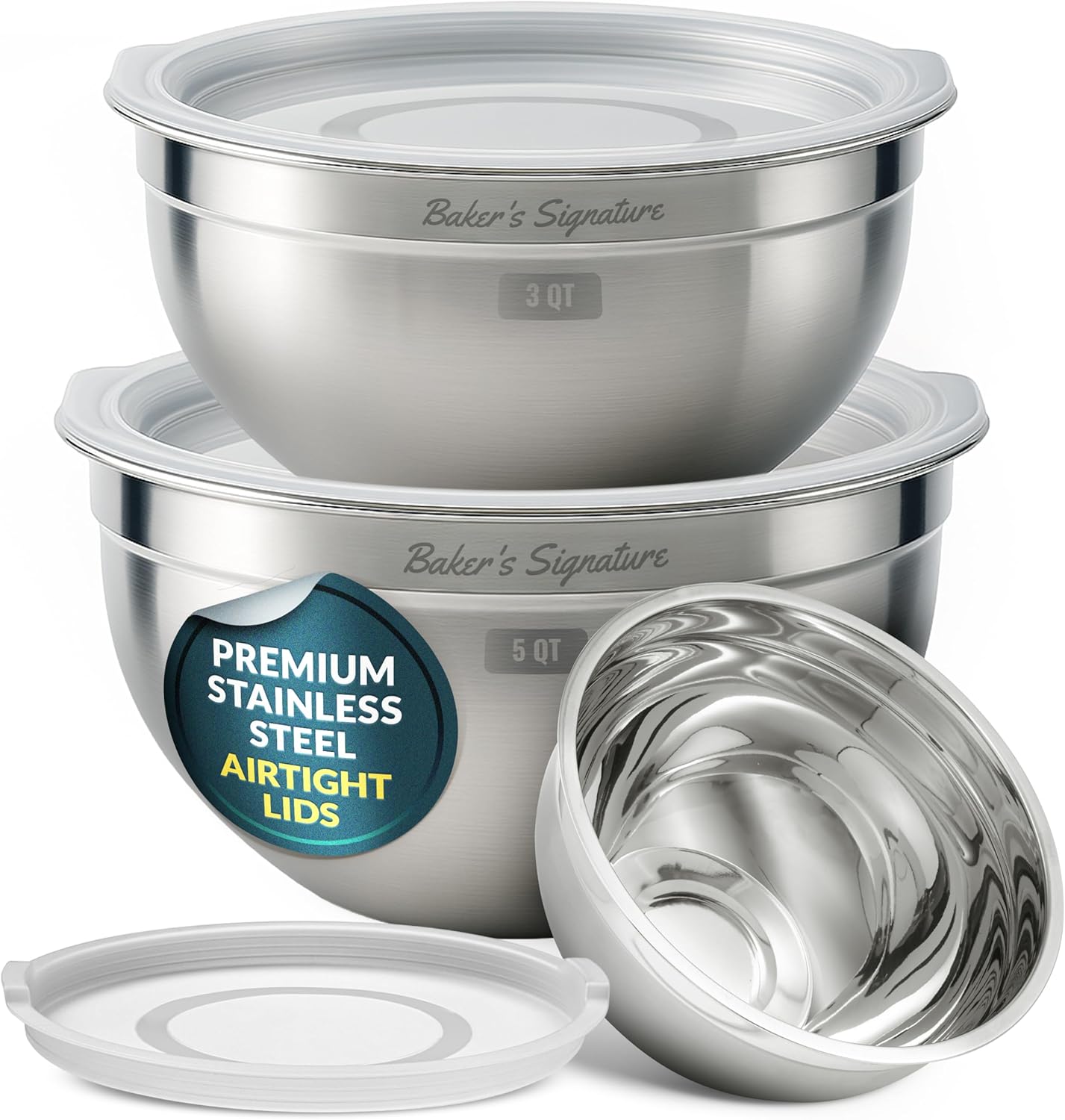 Stainless Steel Mixing Bowls With Lid, Metal Mixing Bowl Set Of 3, Nesting Set For Food Prep, Baking,Storage
