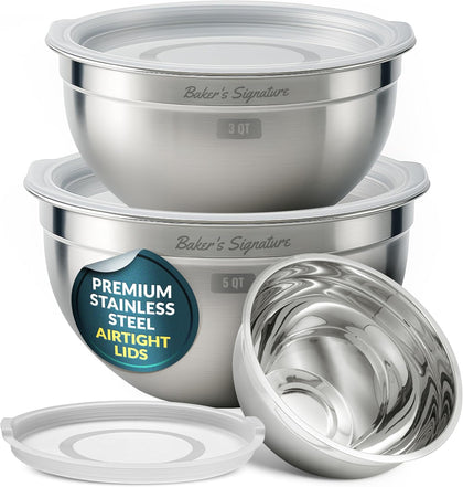 Stainless Steel Mixing Bowls With Lid, Metal Mixing Bowl Set Of 3, Nesting Set For Food Prep, Baking,Storage