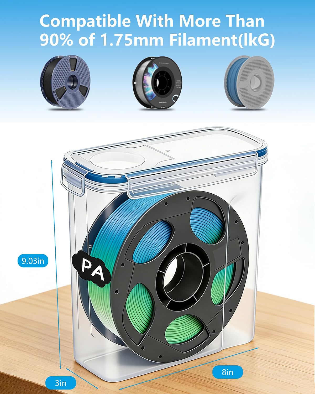 Filament Storage Box 4 Pack with Desiccants, Labels for 3D Printing | Silicone Sealed Storage Container Airtight