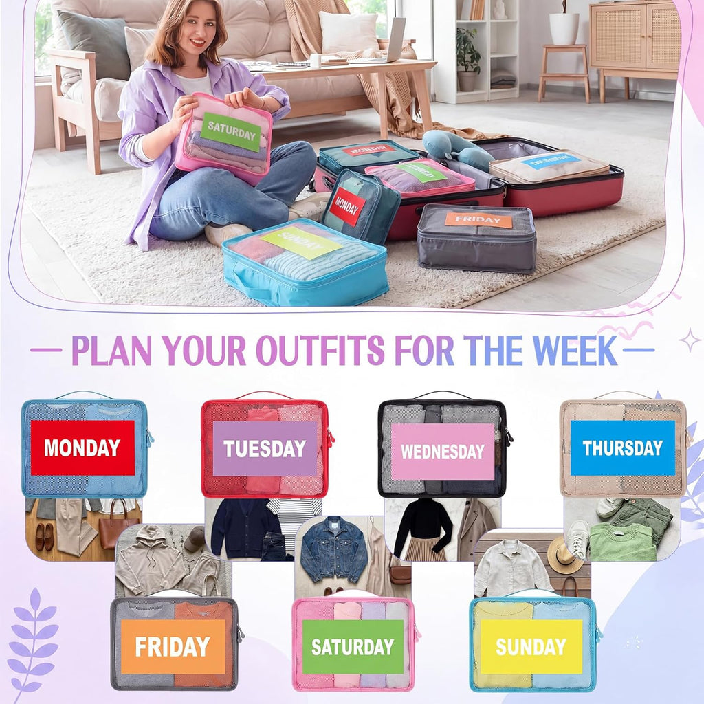 14 Pcs Packing Cubes for Travel Days of Week Packing Cubes with Labels Zippered Camping Bag for Summer Camp Essentials