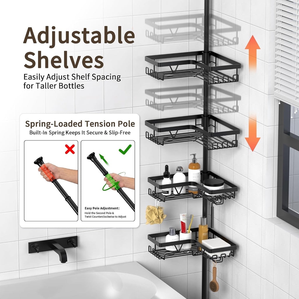 Corner Shower Caddy Tension Pole, Large Capacity Bathroom Organizer | 28 Hooks with Soap and Razor Holders, Heavy