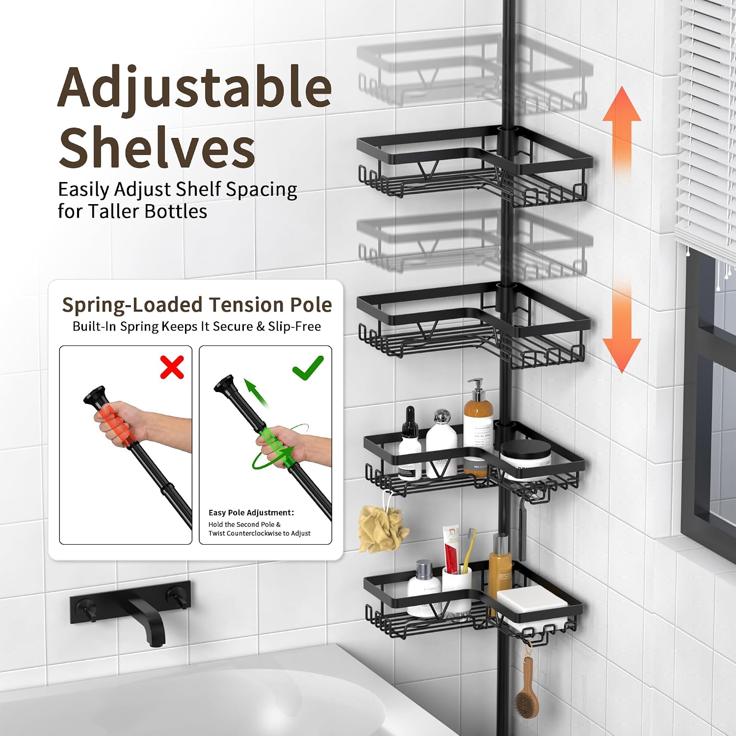 Corner Shower Caddy Tension Pole, Large Capacity Bathroom Organizer | 28 Hooks with Soap and Razor Holders, Heavy