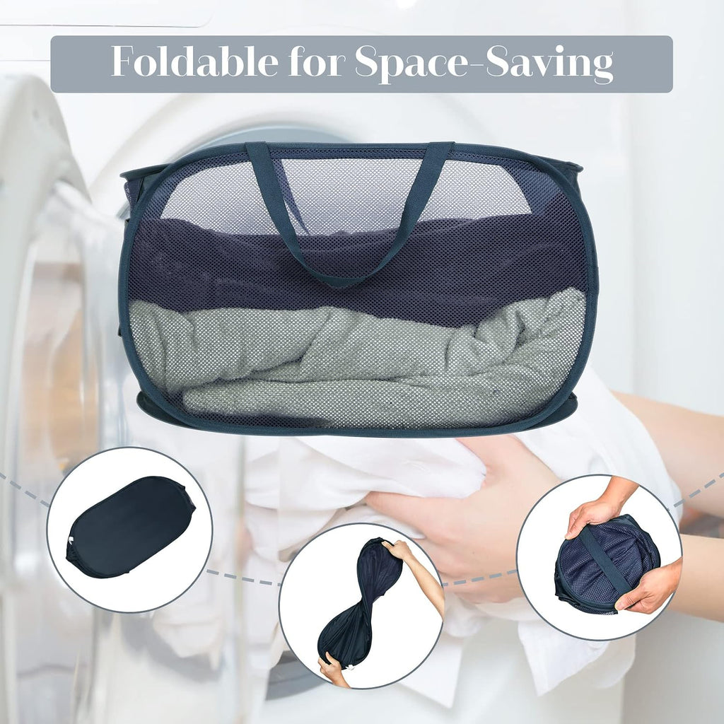 Durable Collapsible Laundry Baskets, Mesh Pop Up Laundry Hamper with Side Pocket, Foldable Clothes Storage Hamper