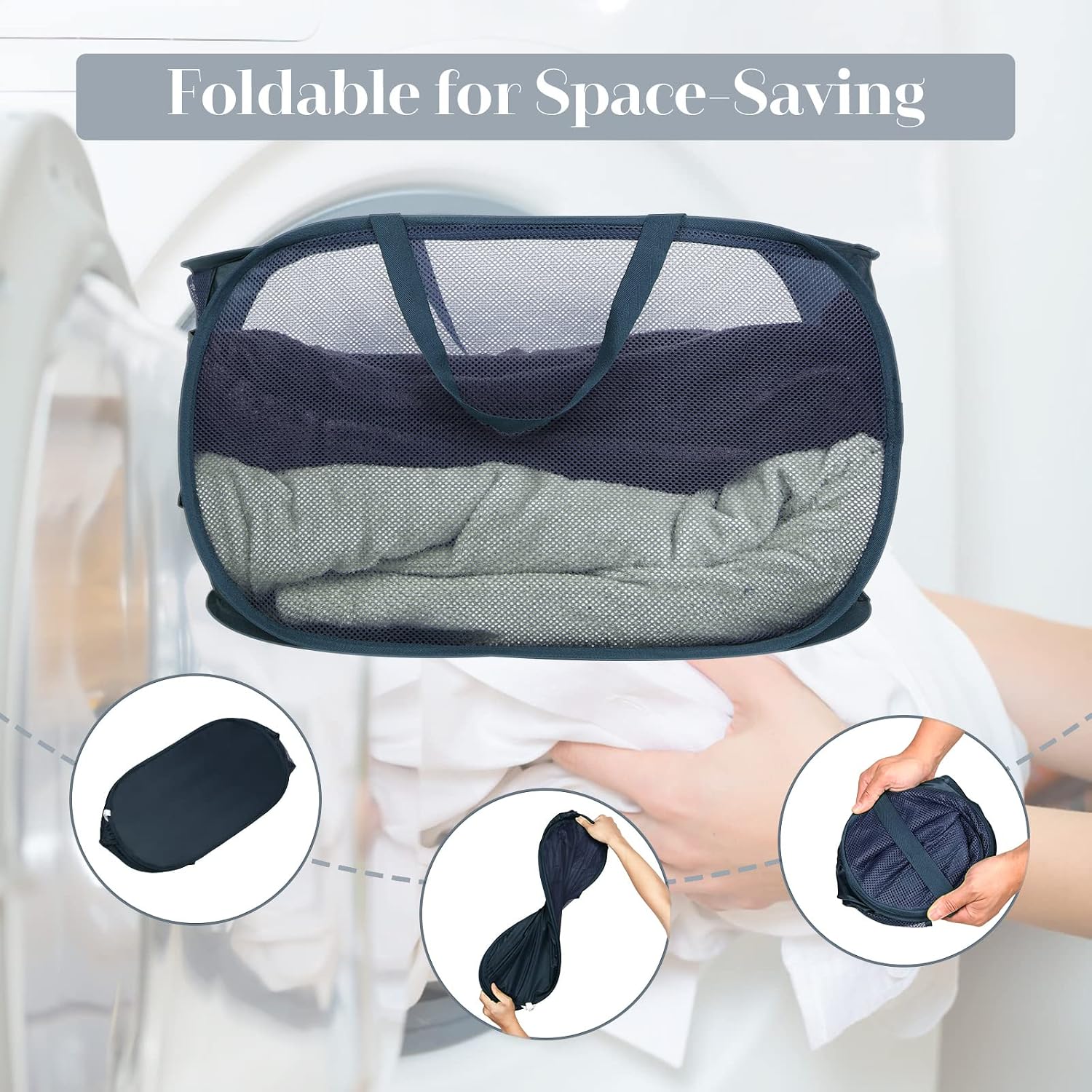 Durable Collapsible Laundry Baskets, Mesh Pop Up Laundry Hamper with Side Pocket, Foldable Clothes Storage Hamper