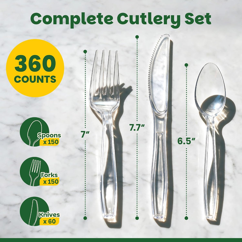 360 Count Extra Sturdy Plastic Silverware[150 Forks 150 Spoons 60 Knives]