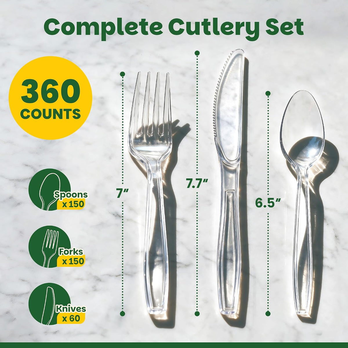 360 Count Extra Sturdy Plastic Silverware[150 Forks 150 Spoons 60 Knives]