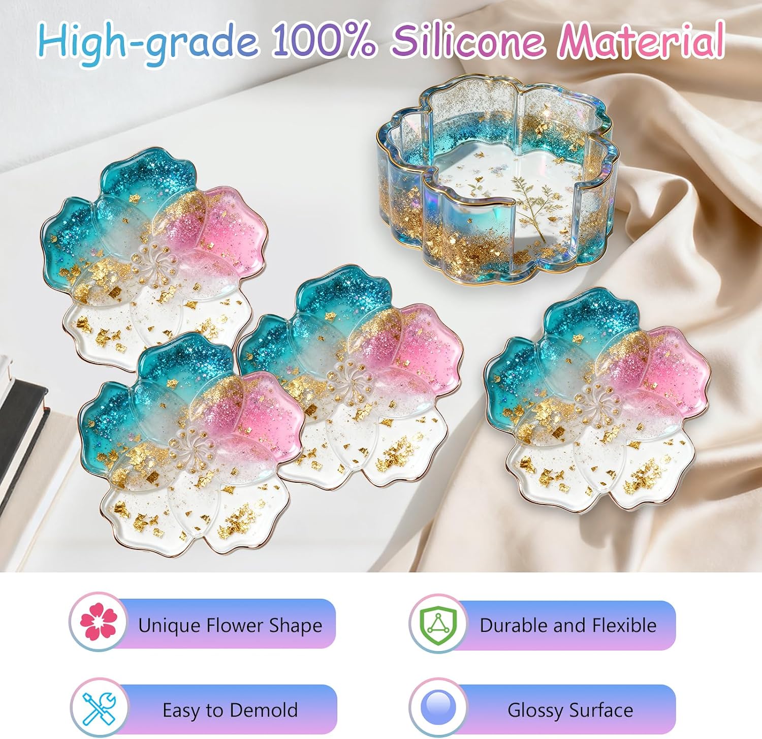 Silicone Coaster Resin Molds, 5PCS Flower Coaster Molds with Holder Mold for Epoxy Resin, Coaster Tray Resin Casting