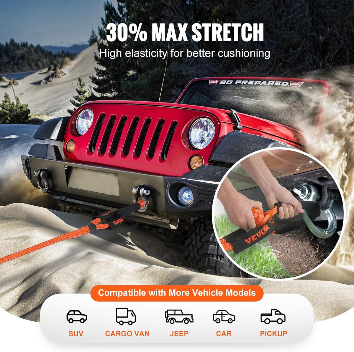 7/8" x 30' Kinetic Recovery Tow Rope 30,580lbs, Heavy-Duty Off Road Snatch Strap with 2 Soft Shackles (41750lbs)