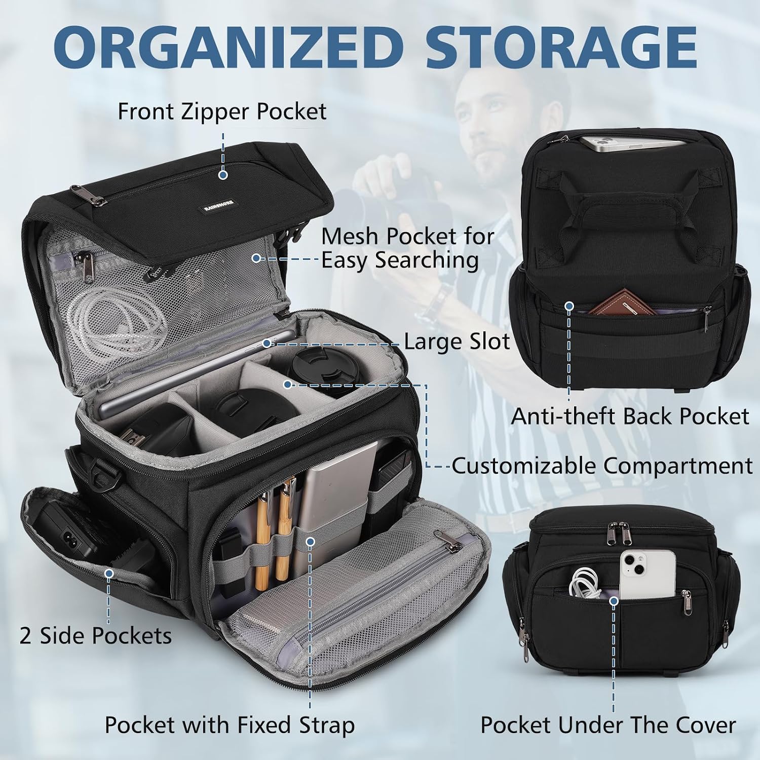 Camera Bag, DSLR/SLR/Mirrorless Camera Sling Bag for Photographers Waterproof Small Camera Case with Tripod Holder &