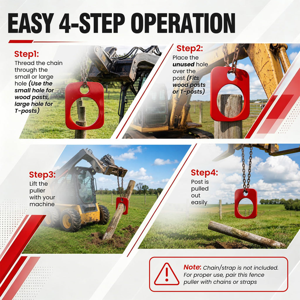 Skid Steer Fence Puller, Post Puller & T-Post Puller, Carbon steel Red