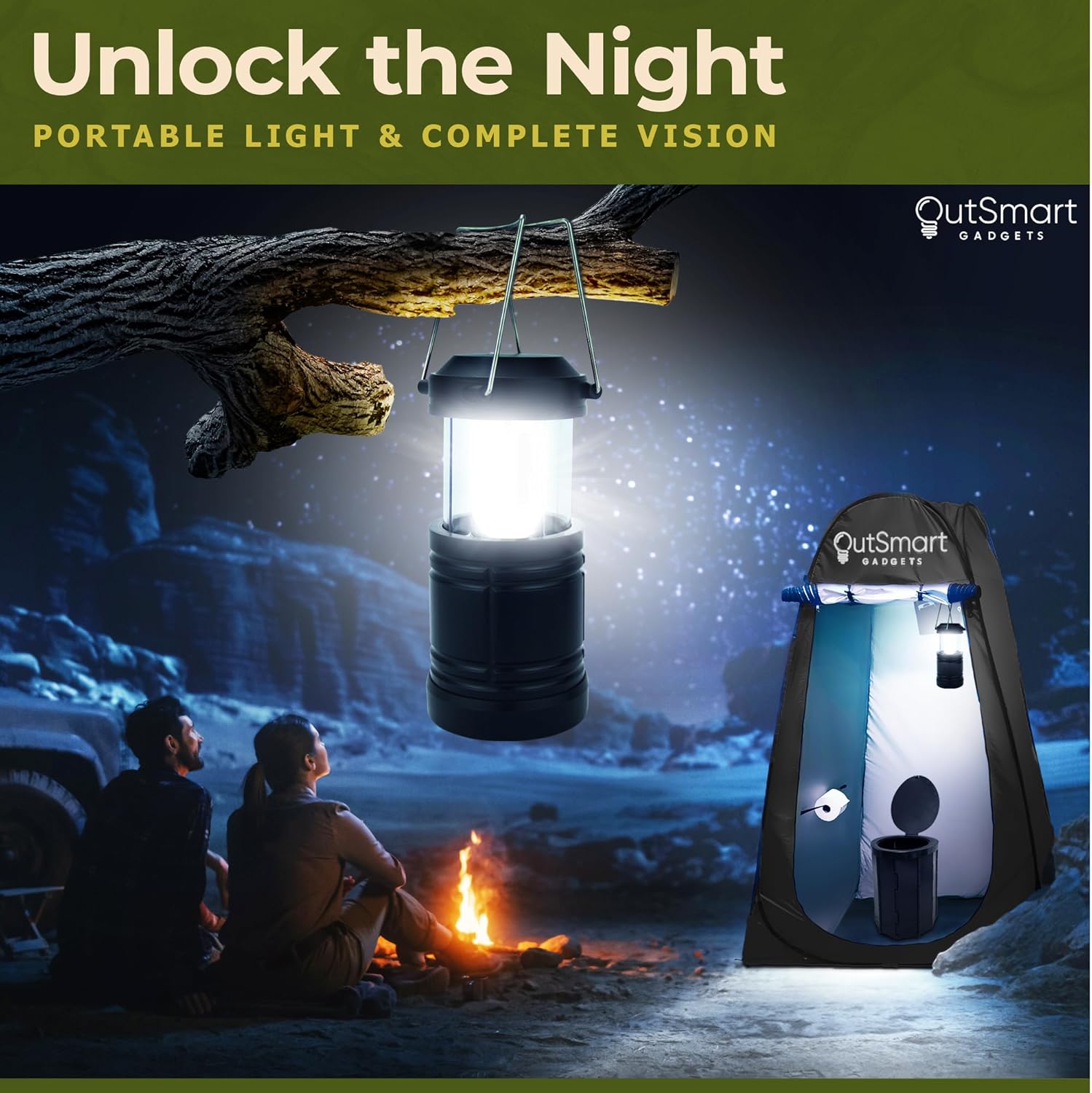 Outdoor Portable Toilet Set for Adults with Camping Night Lantern, Folding XL Toilet, Pop Up Privacy Tent and Carry