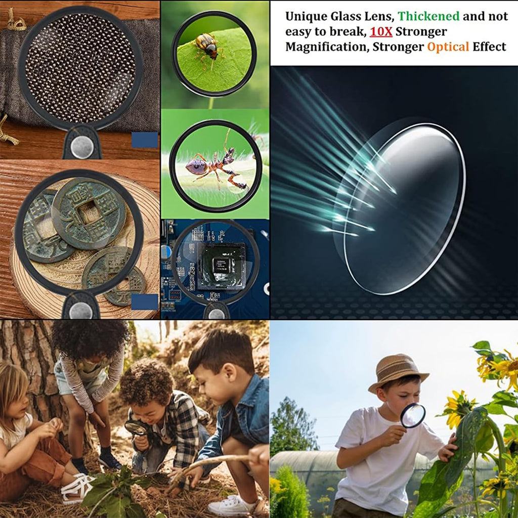 10x Small Magnifying Glass for Seniors/Kids, Pocket Folding Magnifier | with Rotating Protective Leather Sheath