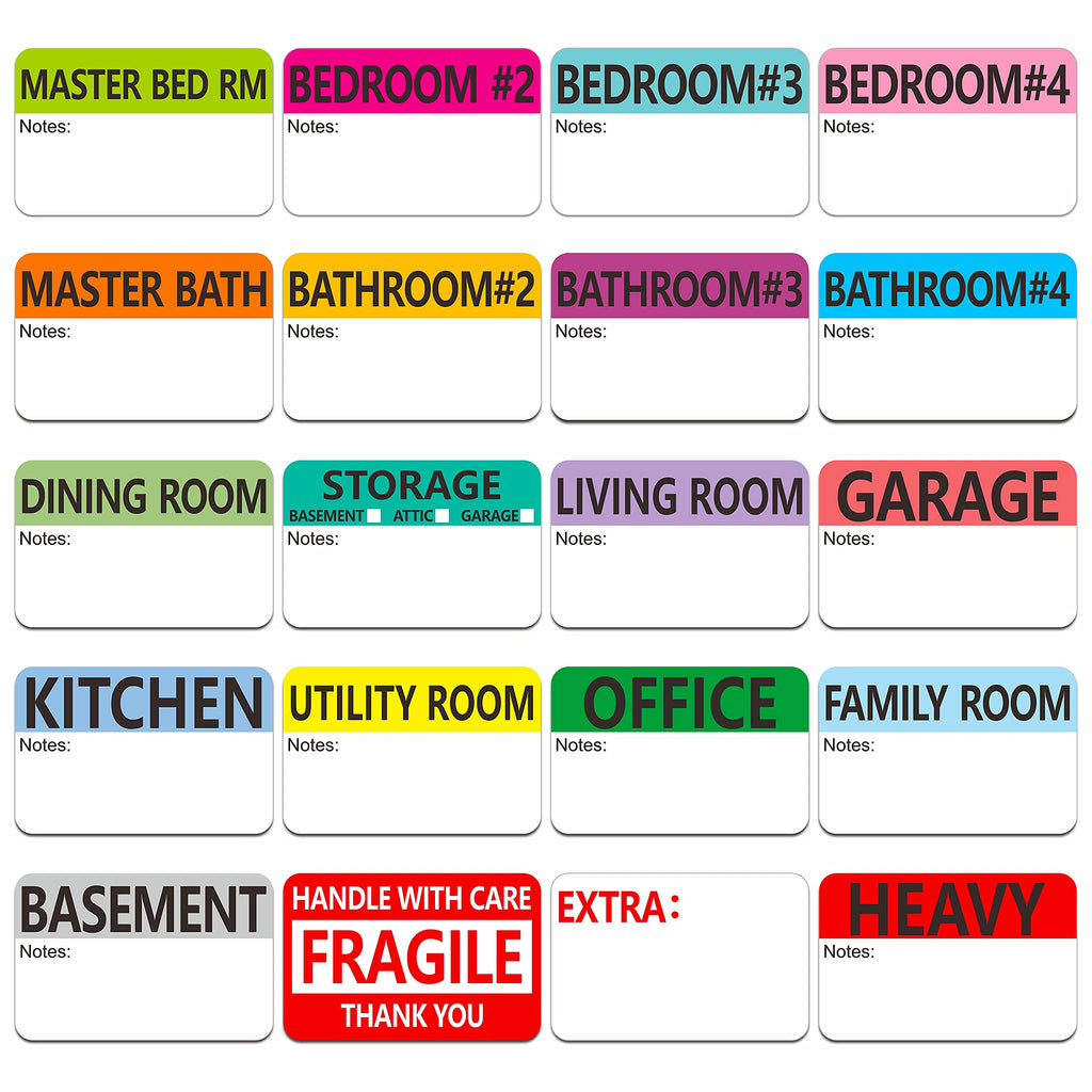 500 pcs 20 Designs Pre-Printed Color-Coded Home Moving Packing Box Labels with Writable Notes Areas, Each Measures 2”
