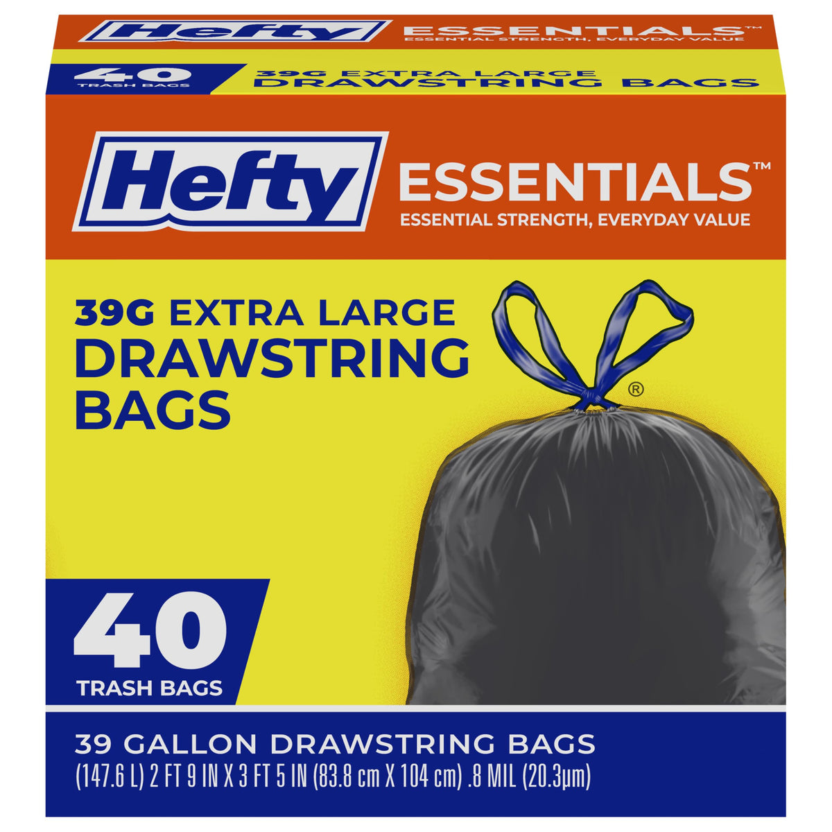 Essentials Extra Large 39 Gallon Trash Bags, Black, Unscented, 40ct