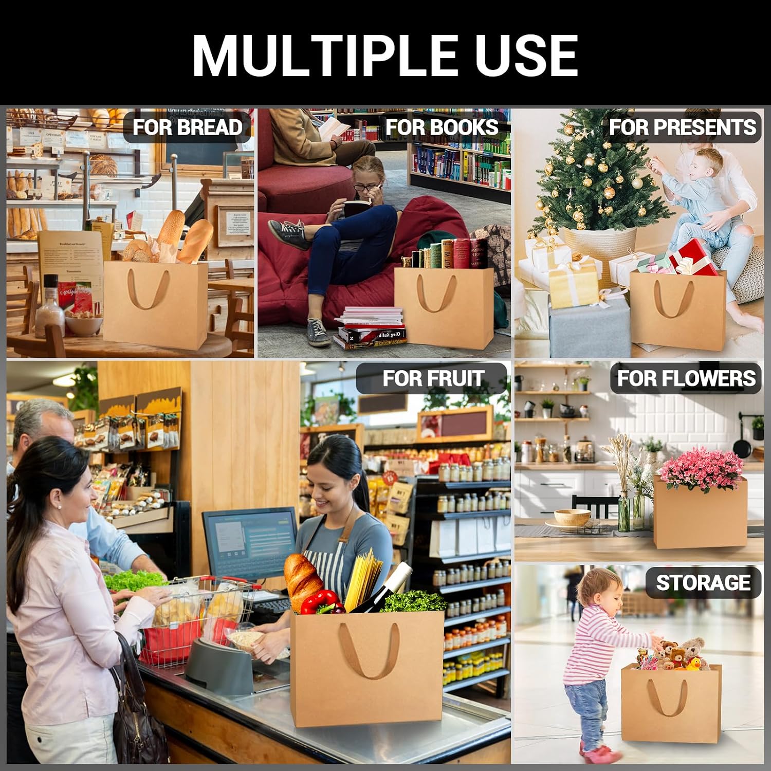 Kraft Paper Gift Bags, 25pcs Small 10.6"x3.1"x8.3" Brown Sturdy Heavy Duty Shopping Bags with Handle Bulk, Retail