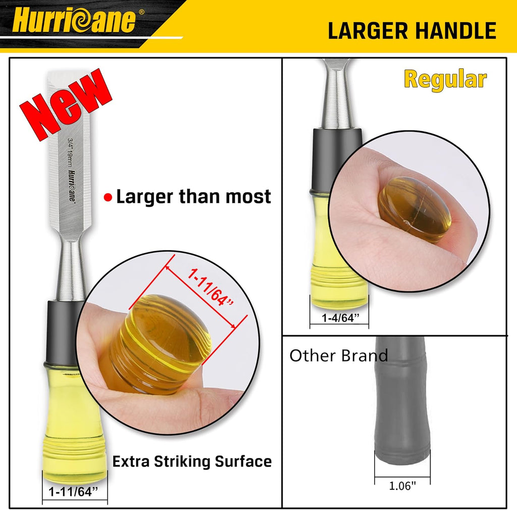 4 Piece Wood Chisel Set for Woodworking. CR-V Steel Beveled Edge Blades with Safety Caps. Extra Large Grip
