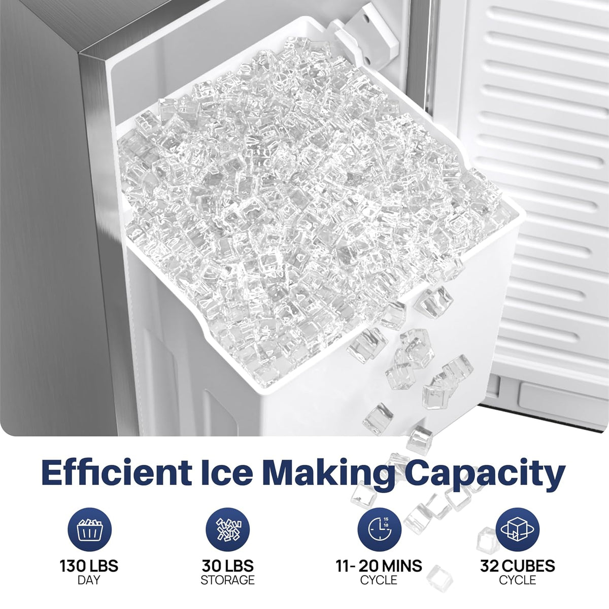 15" Under Counter Ice Maker Machine 130 Lbs/Day with 30 Lbs Ice Storage, Self Cleaning, Thicknesses Adjustable