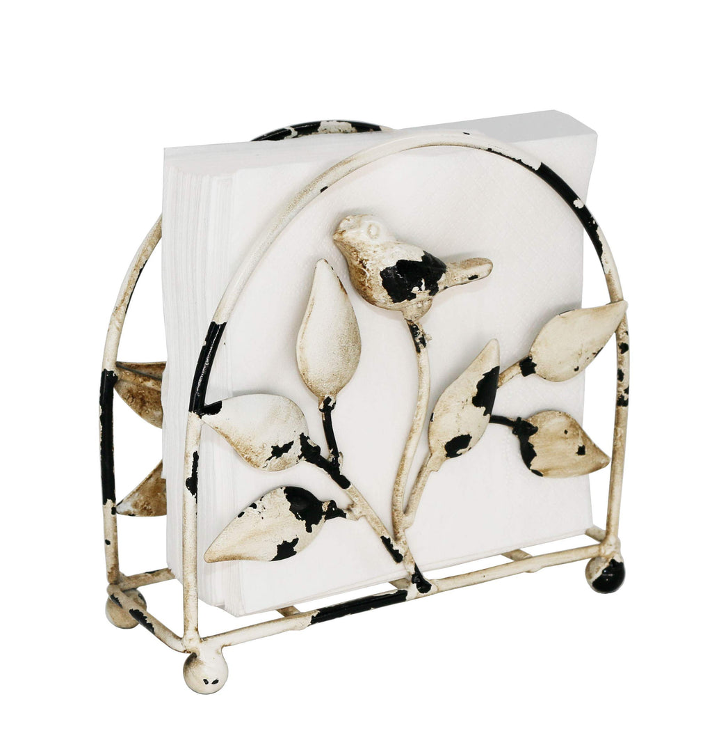 Cast Iron Bird & Tree Classic Napkin Holder/Tabletop Freestanding Tissue Dispenser, Rustic White