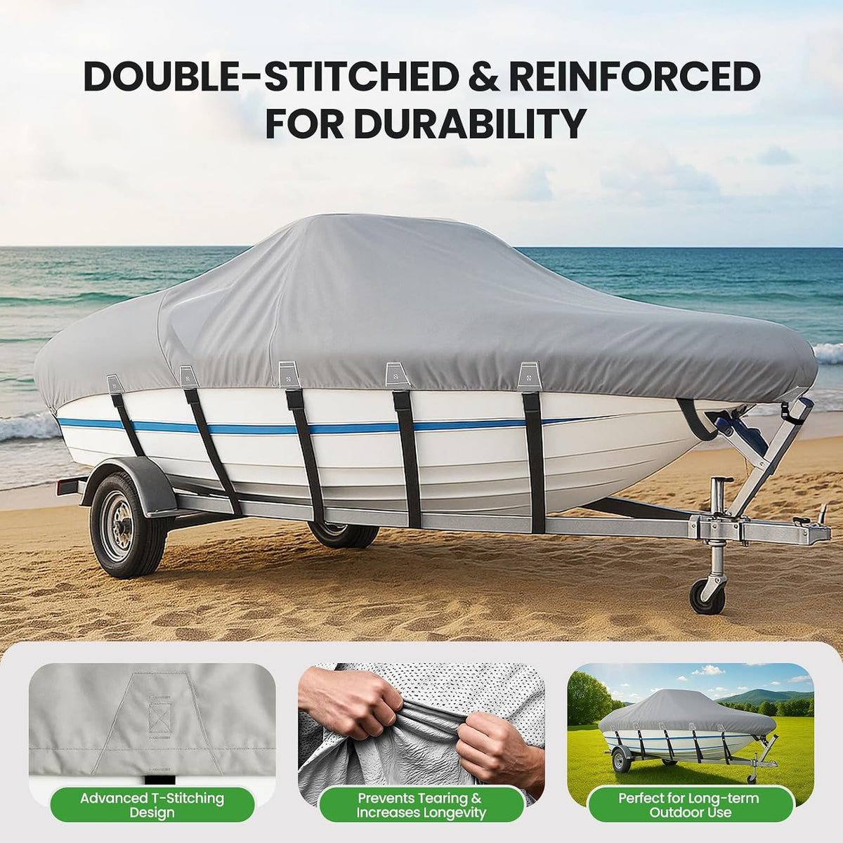 Heavy Duty 1200D Boat Cover for 14-16 FT V-Hull Boats, Marine Grade Trailerable Boat Cover with Adjustable Straps, UV