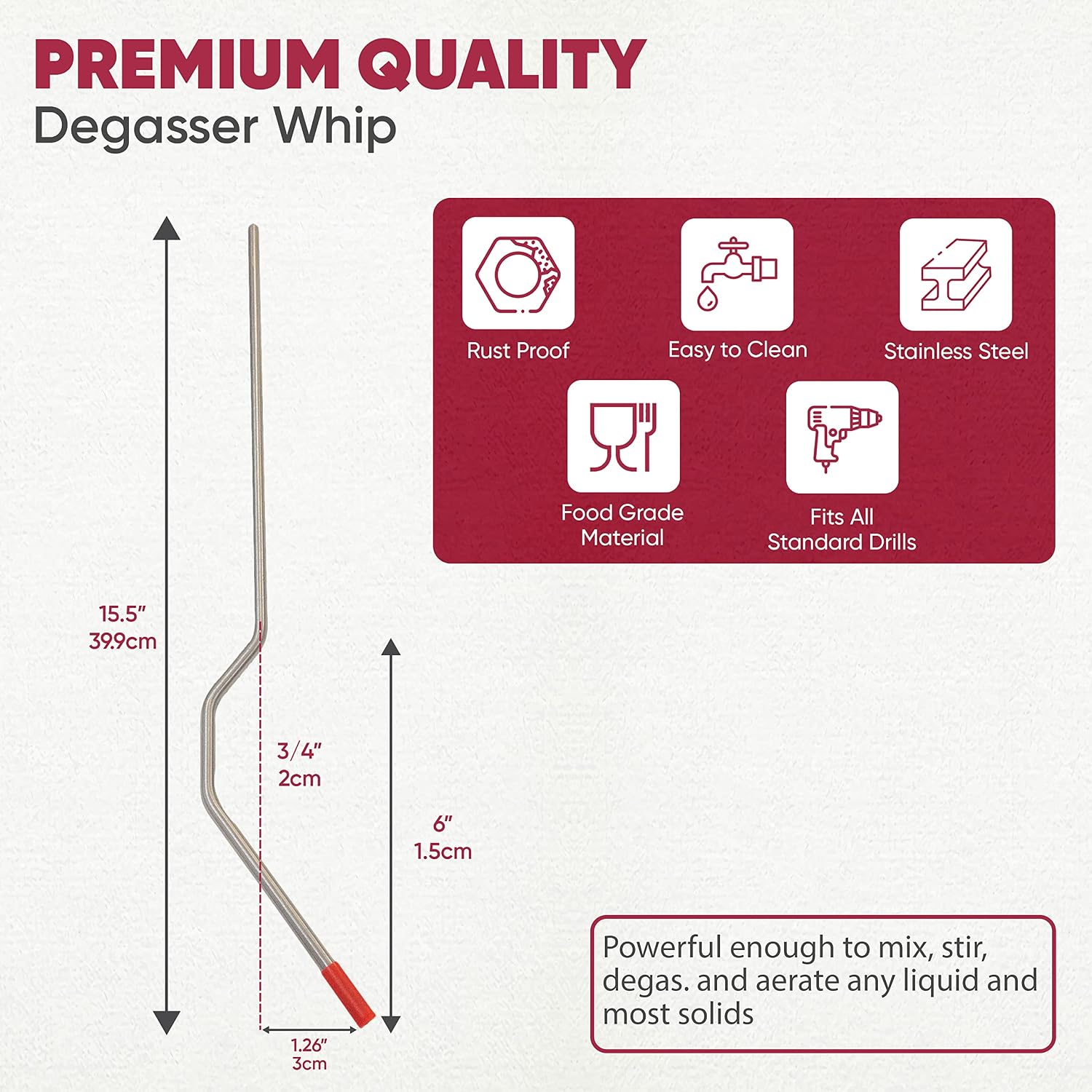 Wine Beer Degasser Whip for Wine Making | 15.5” Stainless Steel 316 - Drill Mixer Rod Attachment Wand | Winemaking