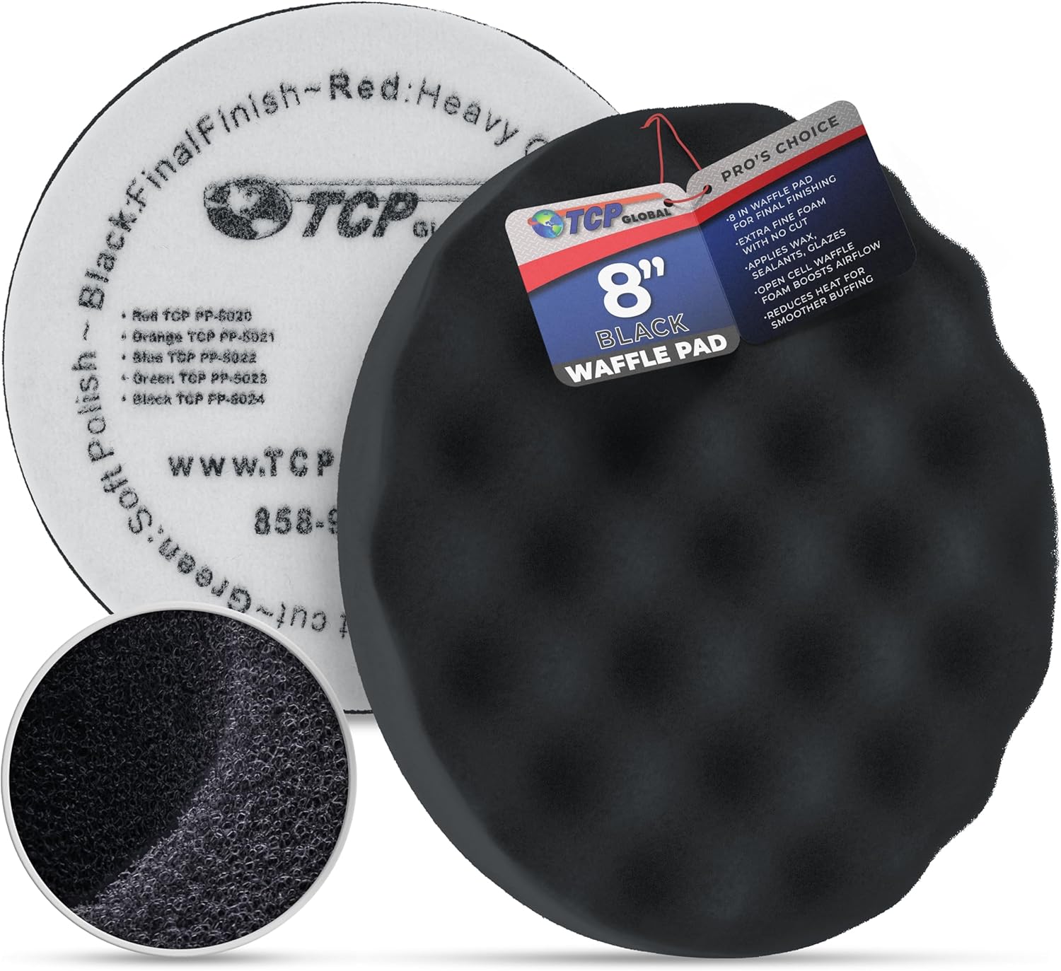 8" Black Waffle Foam Buffing Pad, Extra Fine Cut Polish | Hook & Loop Backing - Buffing Pad for Automotive, Marine