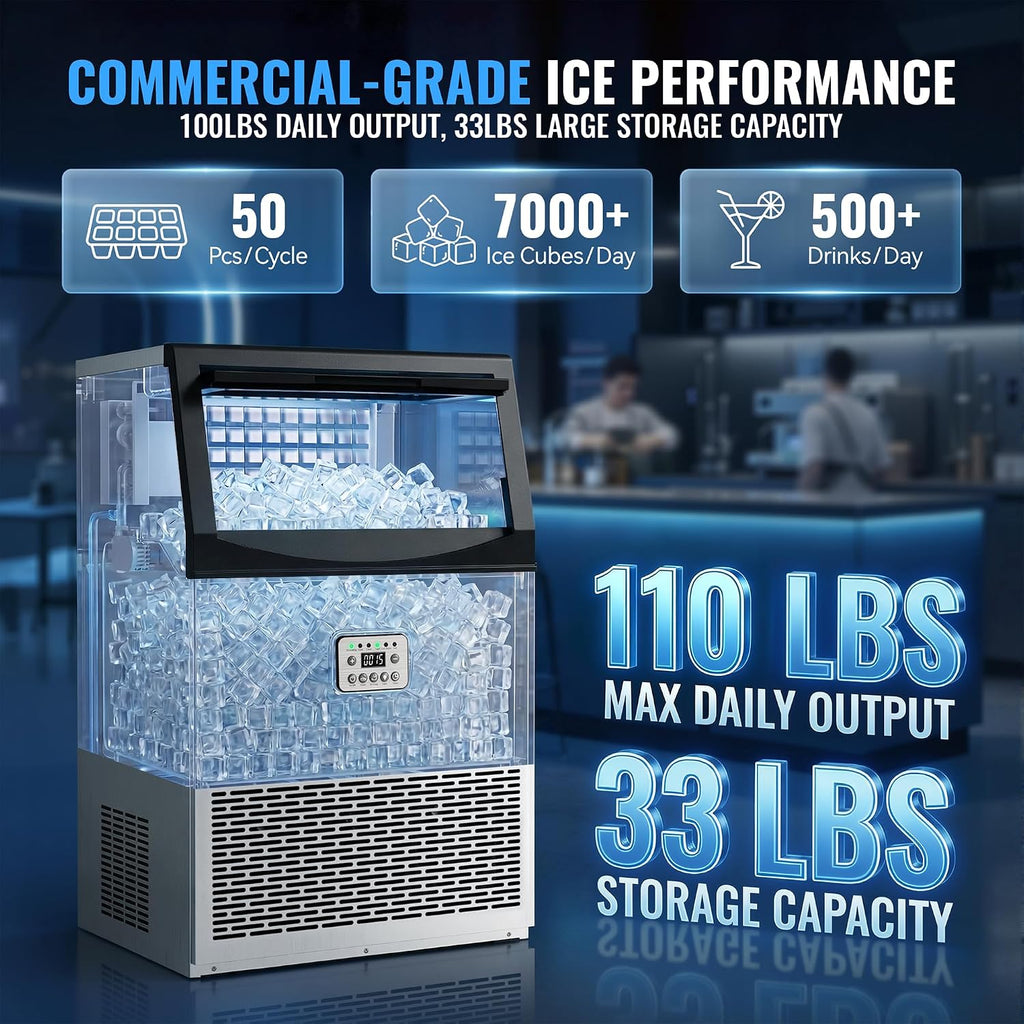 Commercial Ice Maker, 110LBS/24H with 33LBS Storage, Self-Cleaning